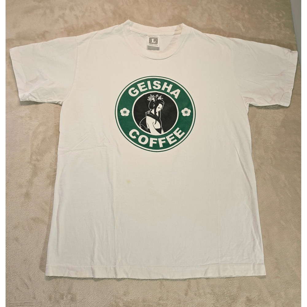 Geisha Coffee Graphic T-Shirt White Green Logo Adult Large Cotton Streetwear Tee